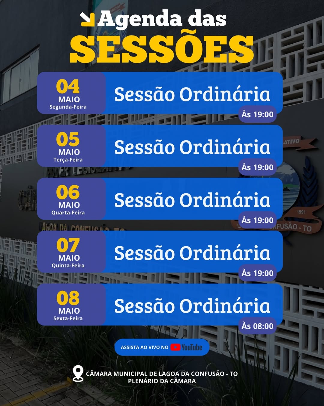 Câmara de Lagoa da Confusão divulga agenda de sessões para o mês de maio
